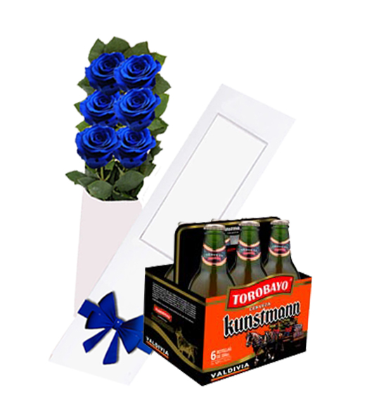 Caja 06 Rosas Azules + Six Pack Cervezas Kunstmann
